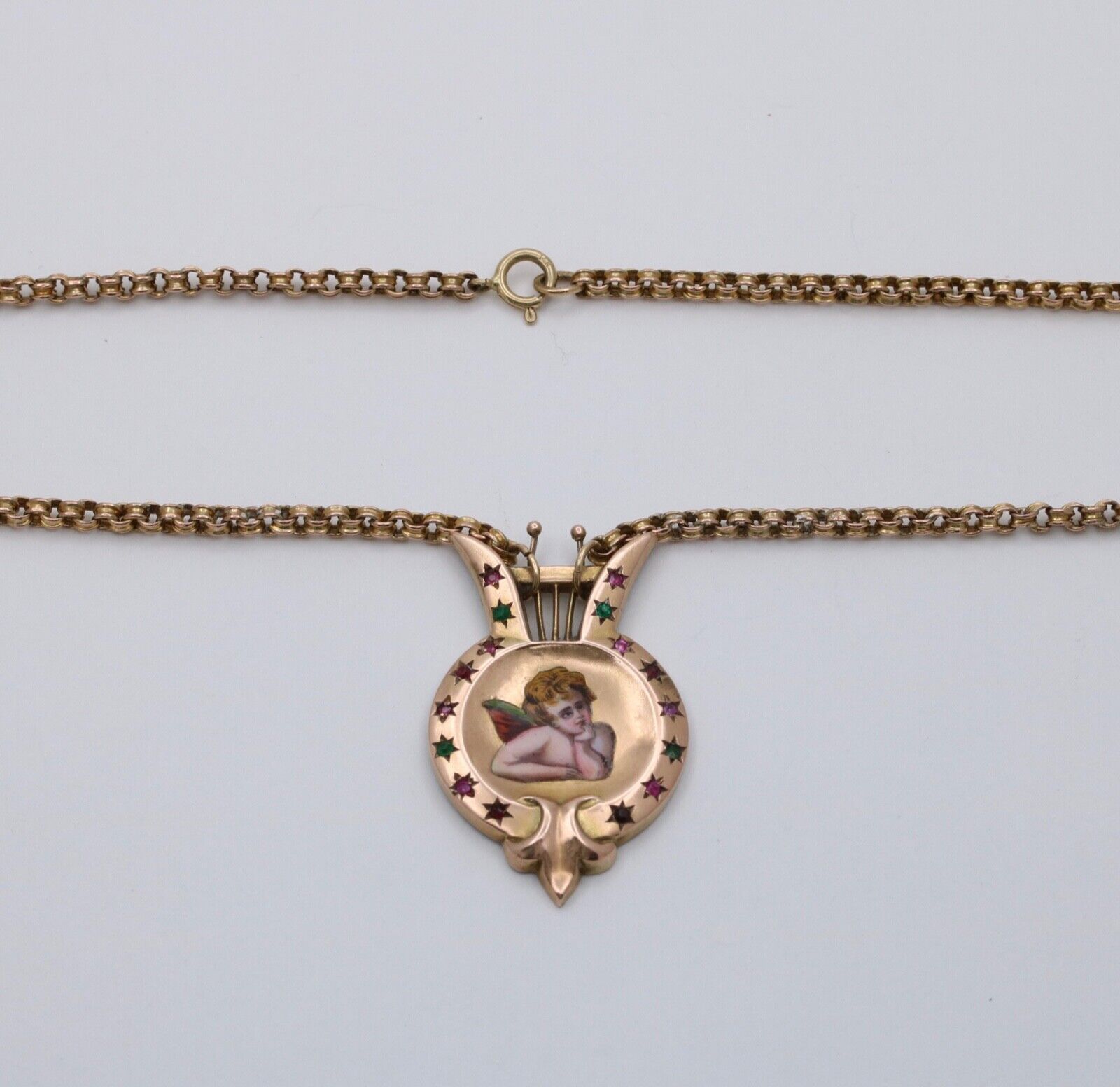 Victorian Enamel Cherub Emerald Ruby Garnet Amethyst 14K Pendant and Rolo Chain