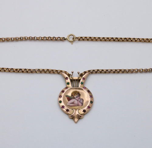 Victorian Enamel Cherub Emerald Ruby Garnet Amethyst 14K Pendant and Rolo Chain