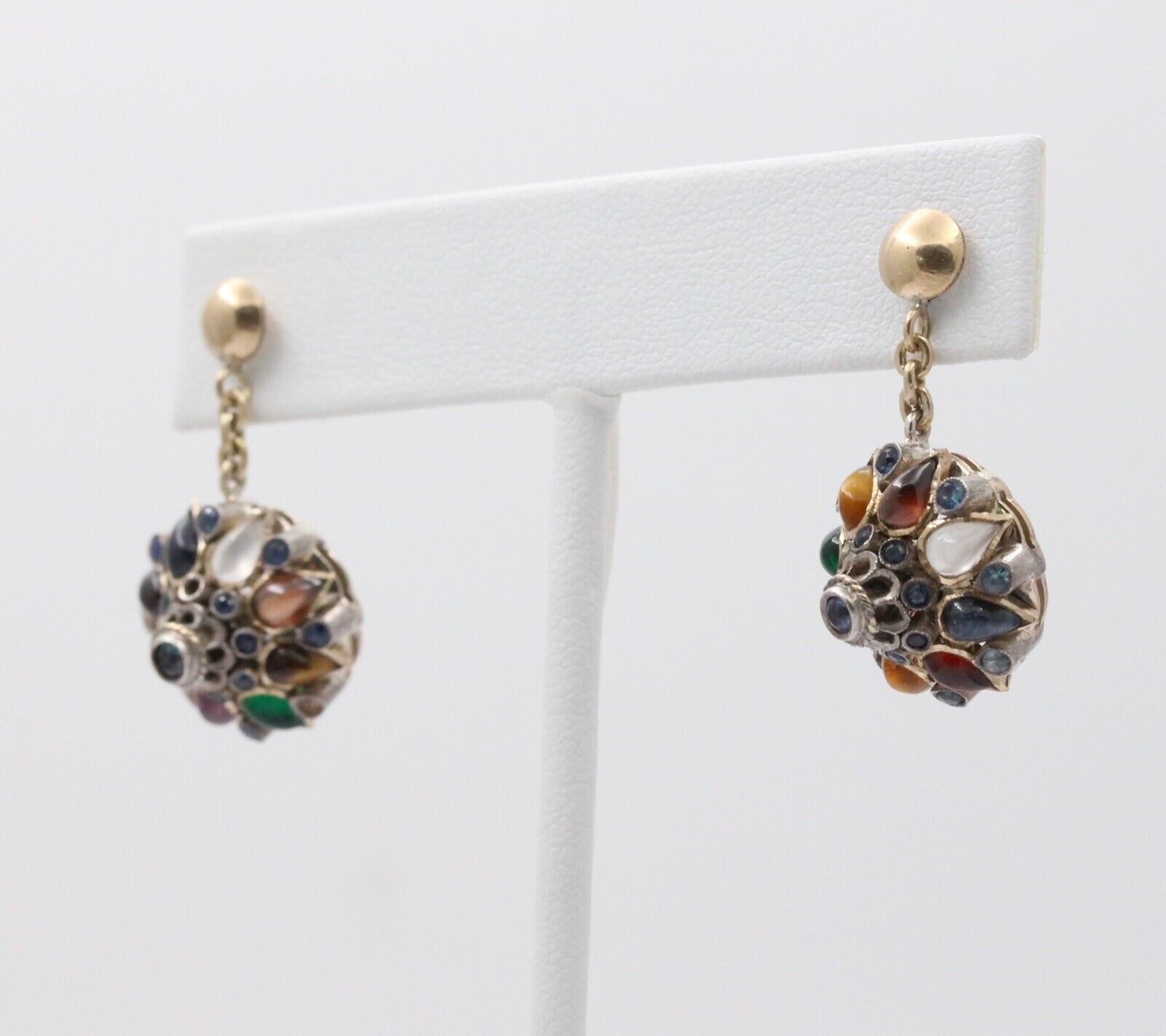 Vintage 14K Yellow Gold Multi- Color Gems Dangling Earrings