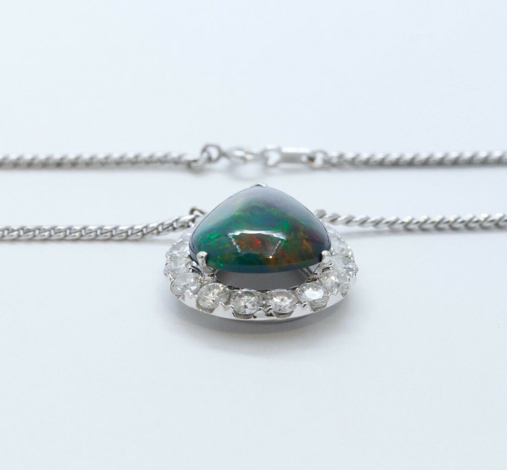 Vintage Opal Diamonds 18K 14K White Gold Pendant Chain