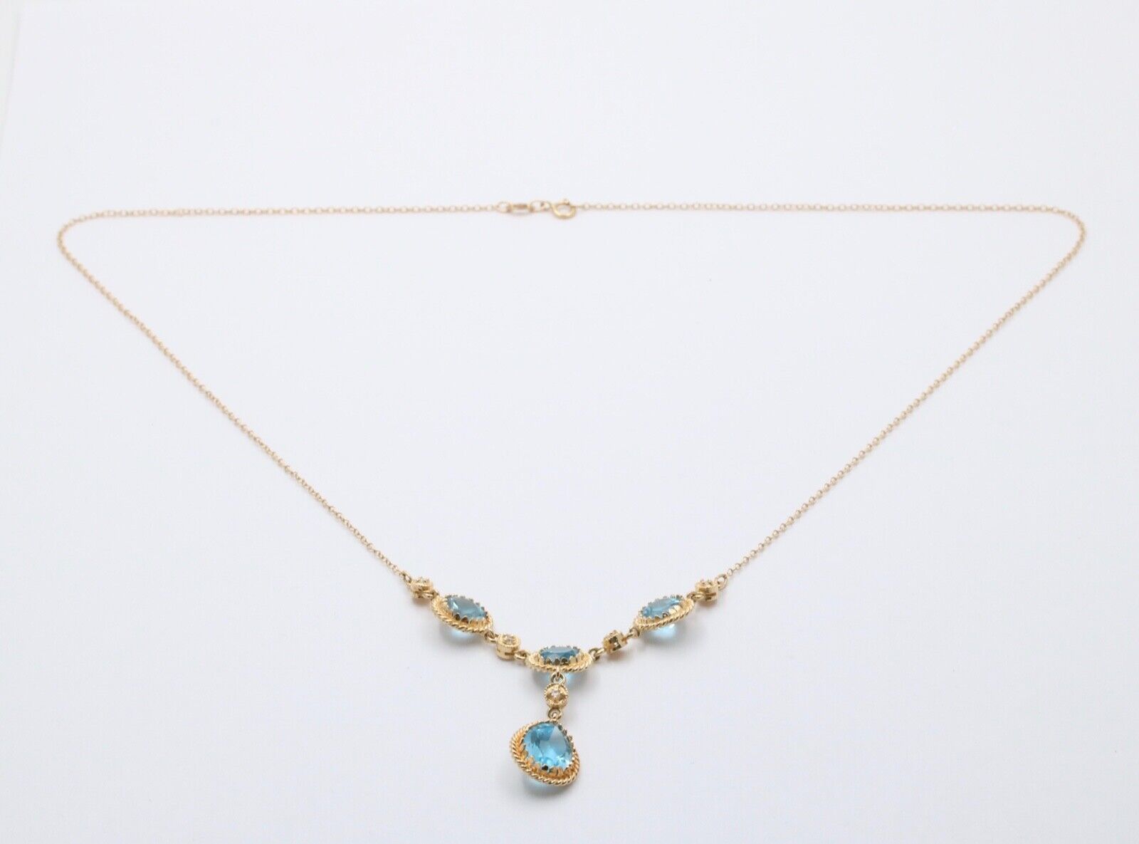 Vintage 14K Yellow Gold Teardrop Blue Zircon Festoon Necklace. Negligee Necklace