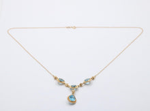 Load image into Gallery viewer, Vintage 14K Yellow Gold Teardrop Blue Zircon Festoon Necklace. Negligee Necklace
