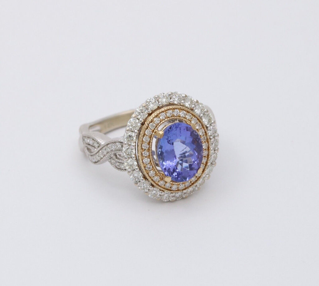 Vintage Tanzanite And Diamond Halo 14K White Gold Ring