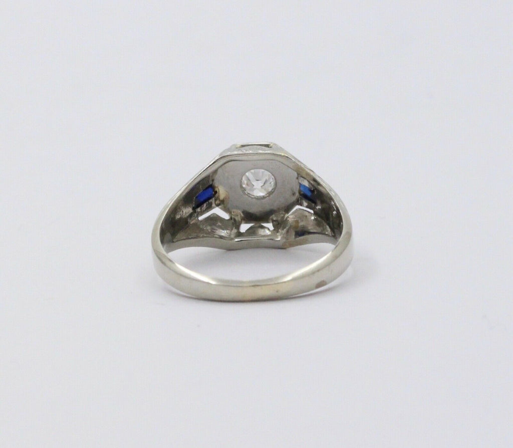 Antique Art Deco 14K White Gold Diamond & Sapphire Ring, Engagement Ring.