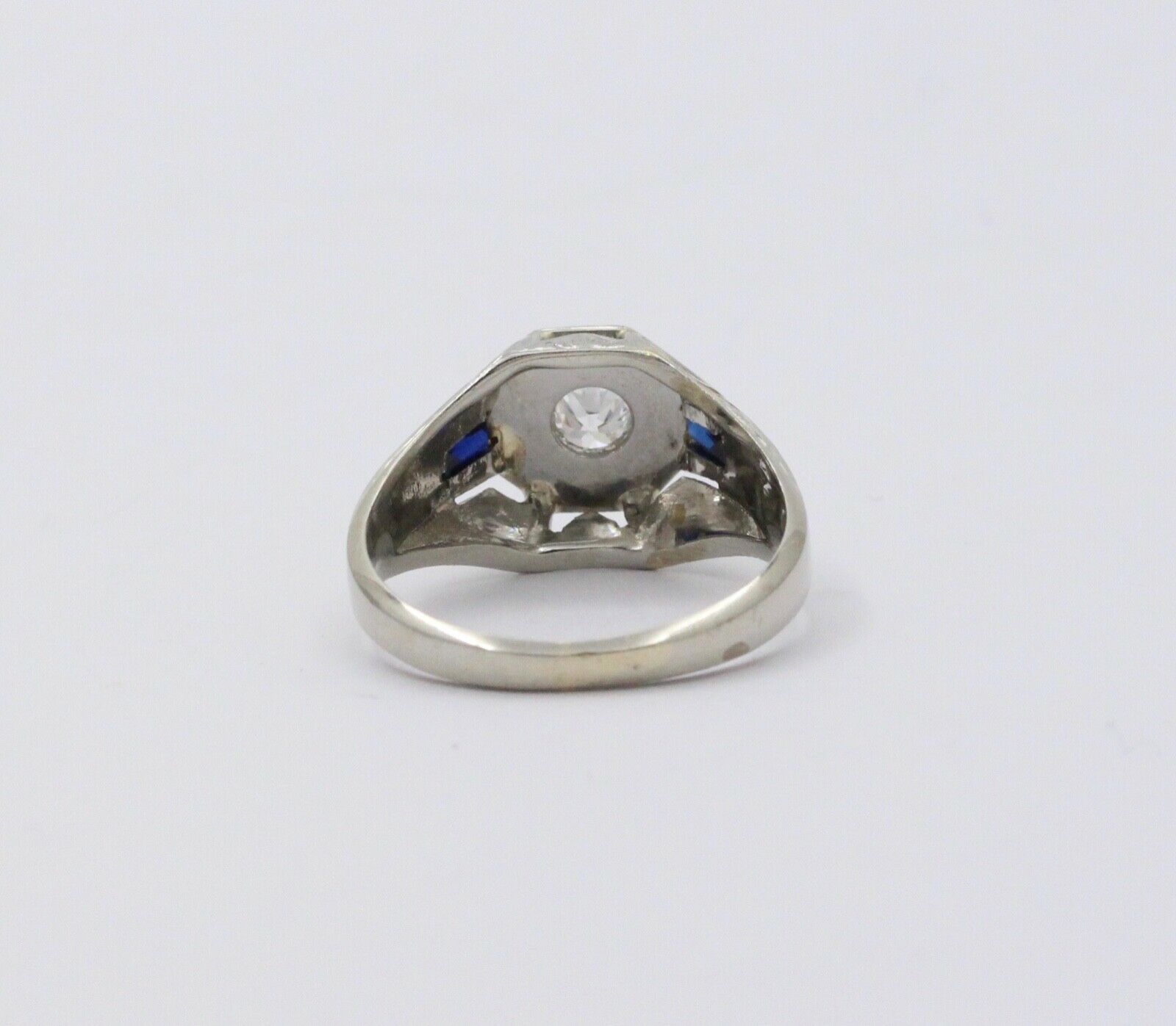 Antique Art Deco 14K White Gold Diamond & Sapphire Ring, Engagement Ring.