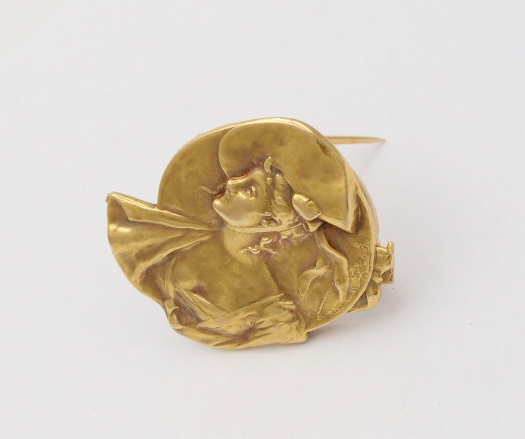 Gorgeous Art Nouveau French Woman’s Portrait 18K Gold Brooch Pin.