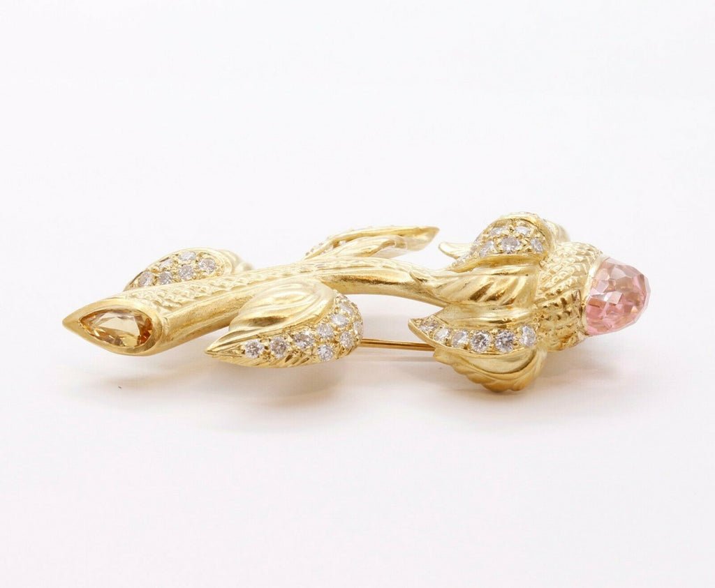 Judith Ripka Vintage 18K Yellow Gold Pink Topaz Citrine Diamond Floral Brooch