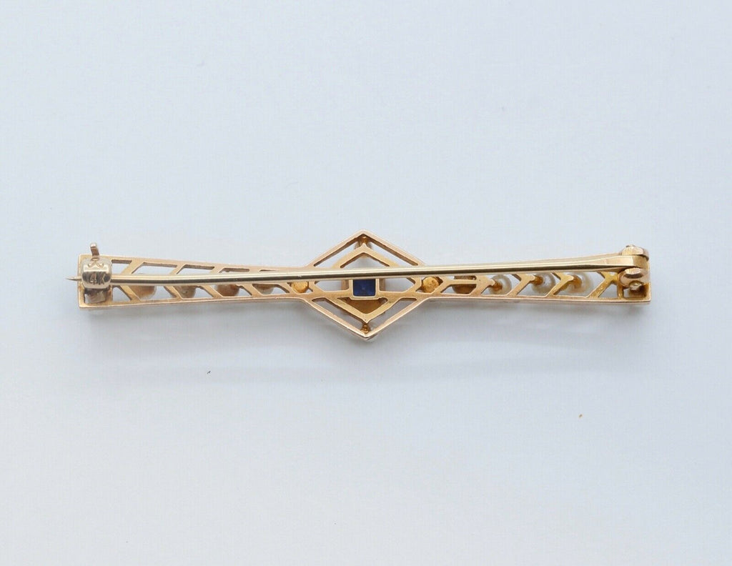 Art Deco 14K Yellow Gold Blue Sapphire Pearls Brooch Pin
