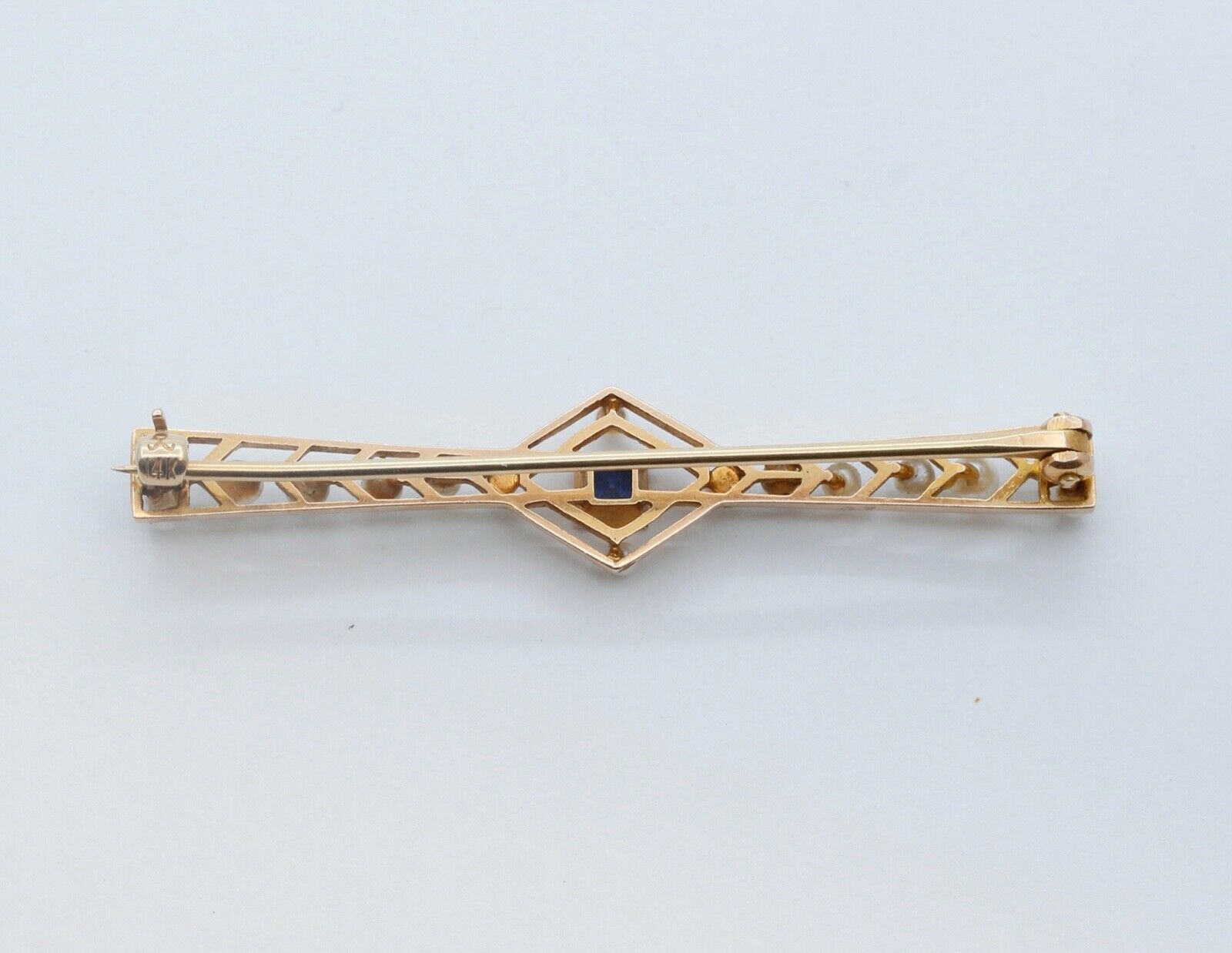 Art Deco 14K Yellow Gold Blue Sapphire Pearls Brooch Pin