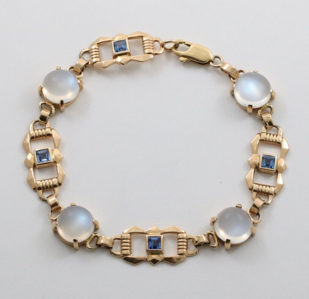 Vintage 14K Yellow Gold Moonstone & Sapphire Bracelet.