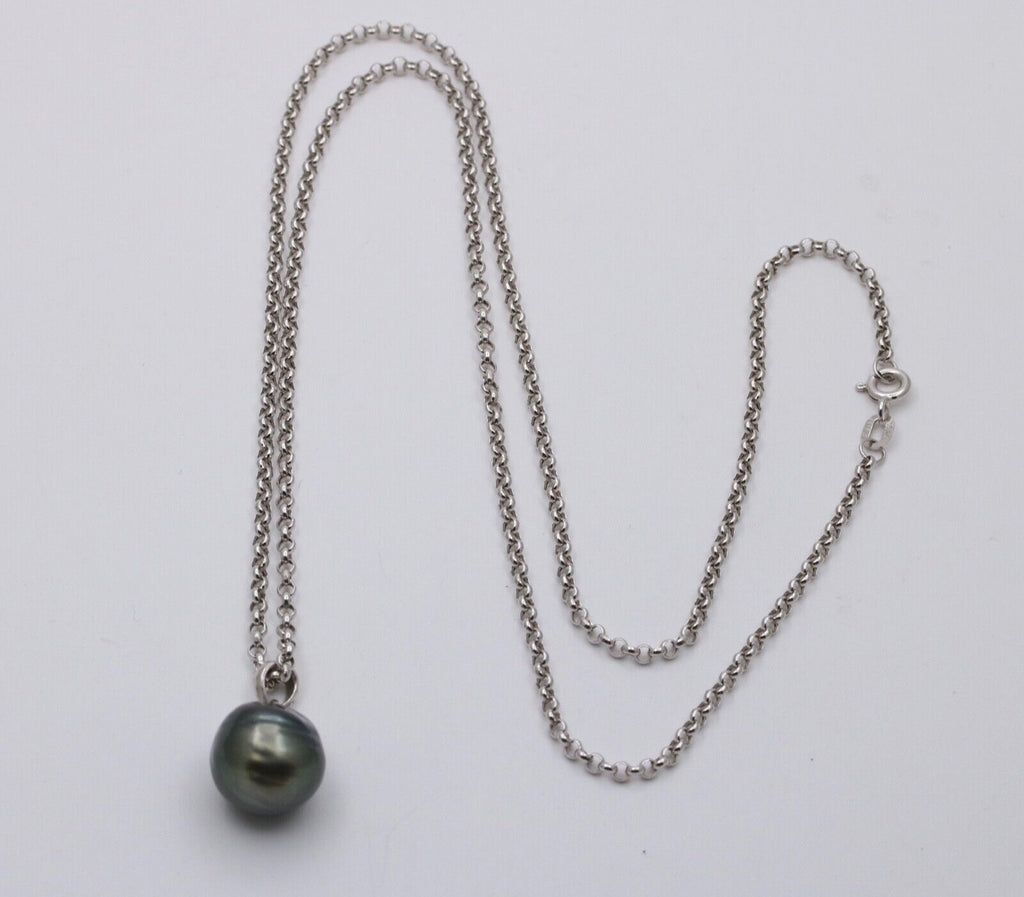 Vintage Tahitian Black Pearl Pendant and Chain 14K White Gold