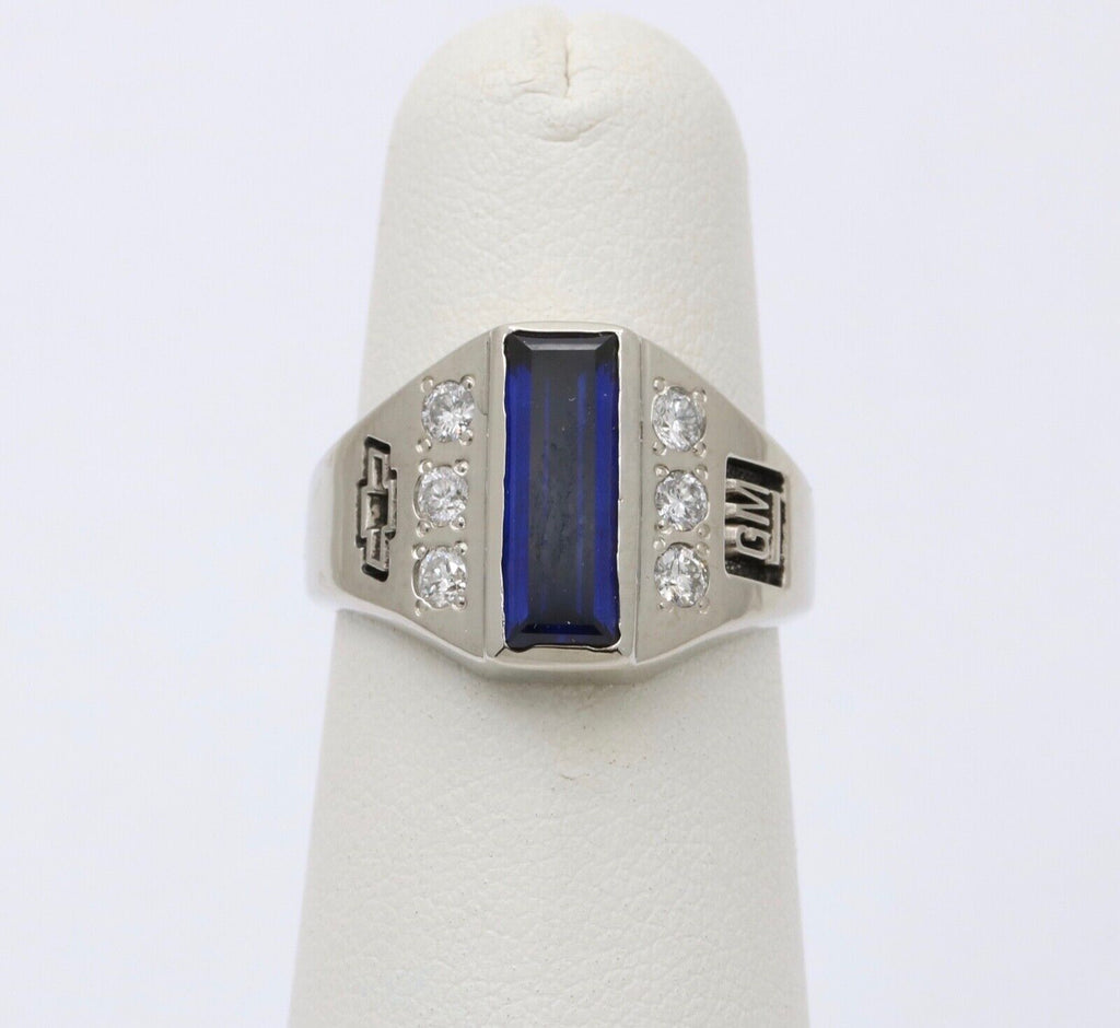 Vintage GM Chevy Bowtie Blue Sapphire Diamonds 10K White Gold Ring