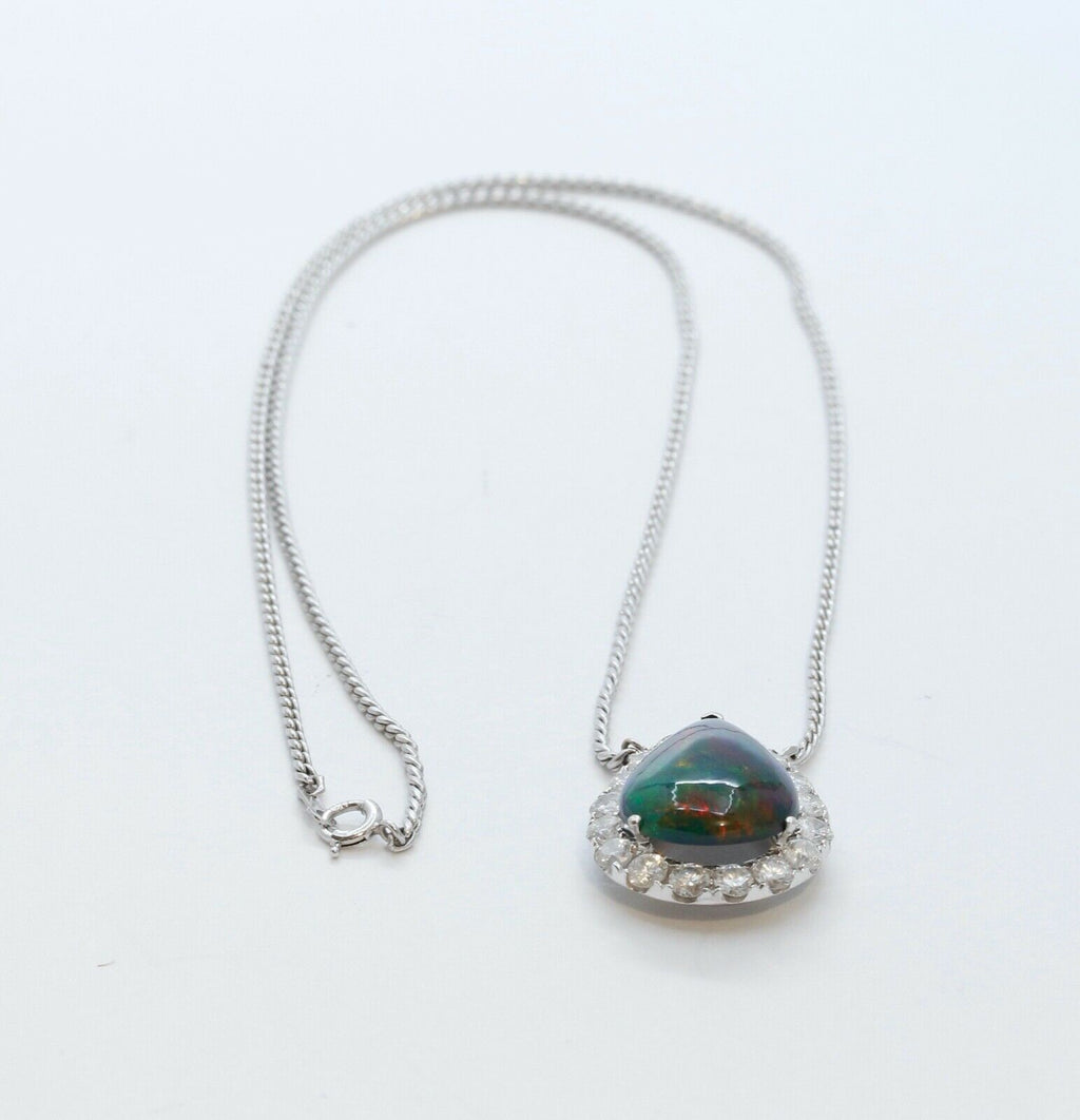 Vintage Opal Diamonds 18K 14K White Gold Pendant Chain