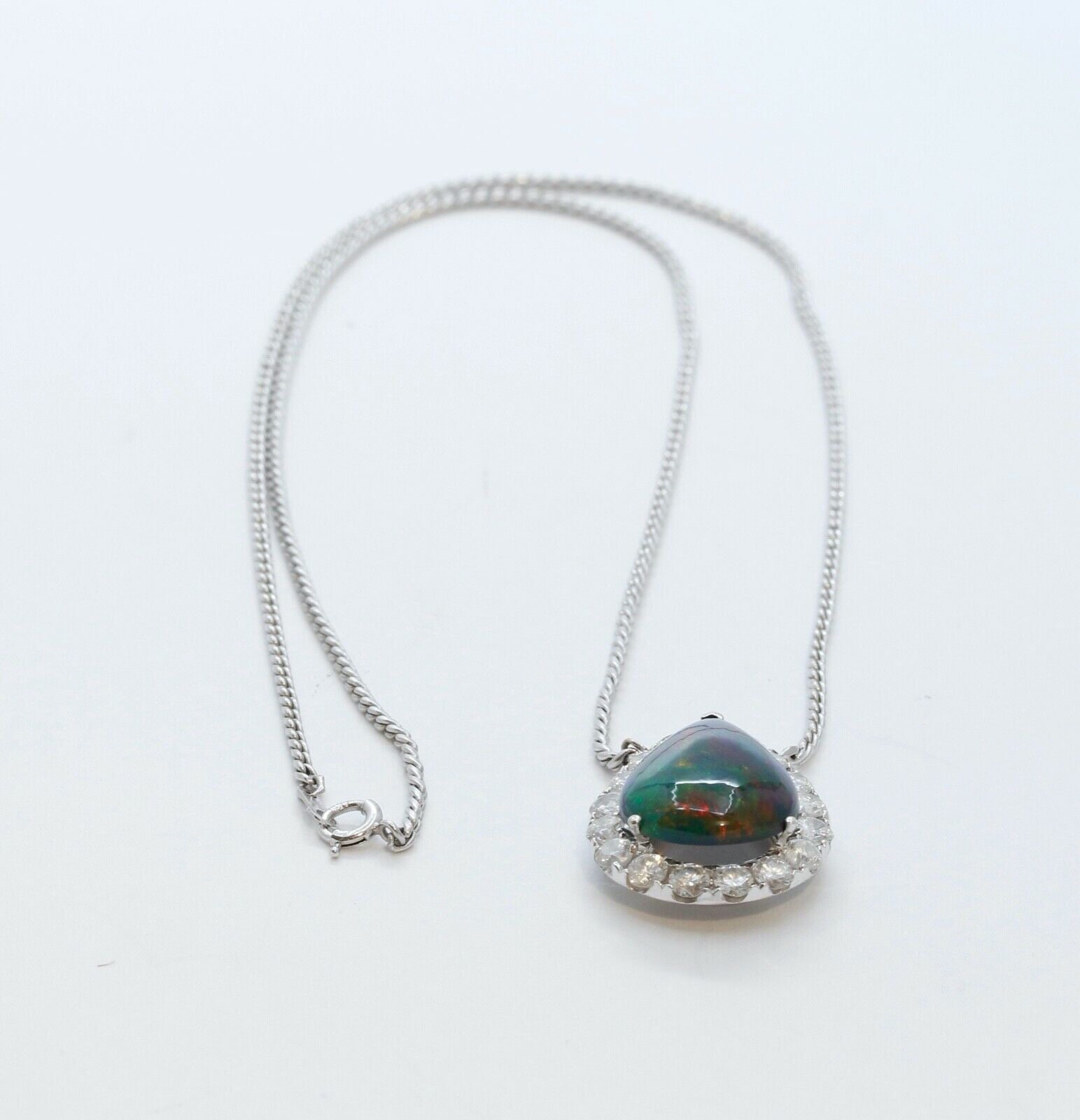 Vintage Opal Diamonds 18K 14K White Gold Pendant Chain