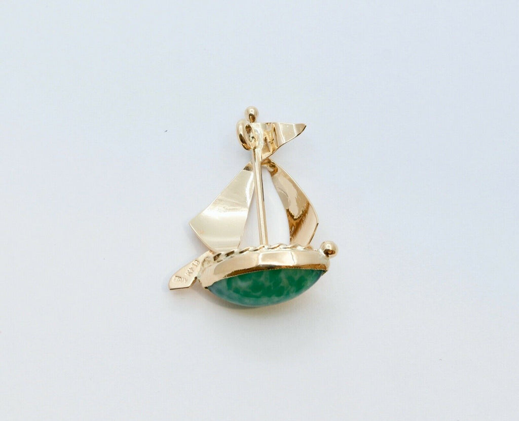 Vintage Jade 14K Yellow Gold Chinese Sailboat Pendant Charm