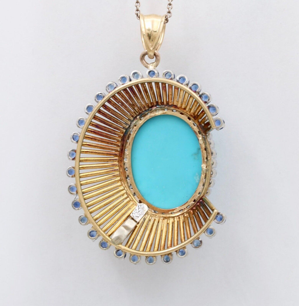 Funky Vintage 18K Yellow Gold Large Turquoise, Sapphire and Diamond Pendant