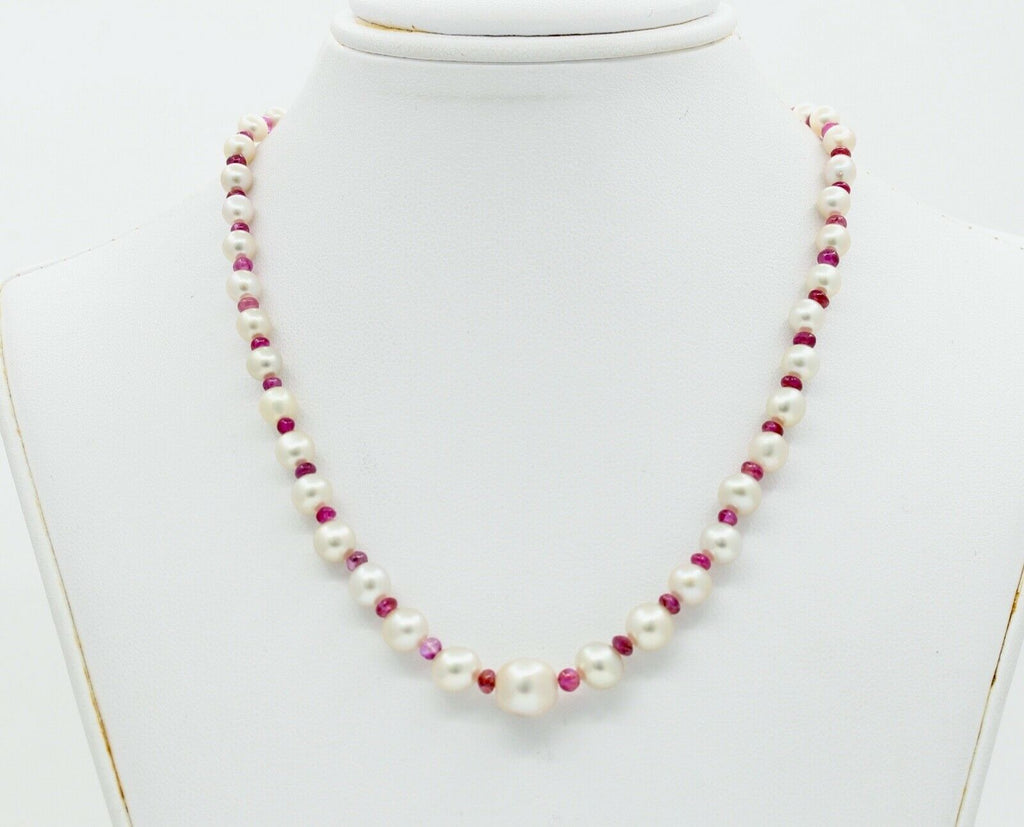 GIA Natural Pearls Rubies 18K White Yellow Gold Necklace