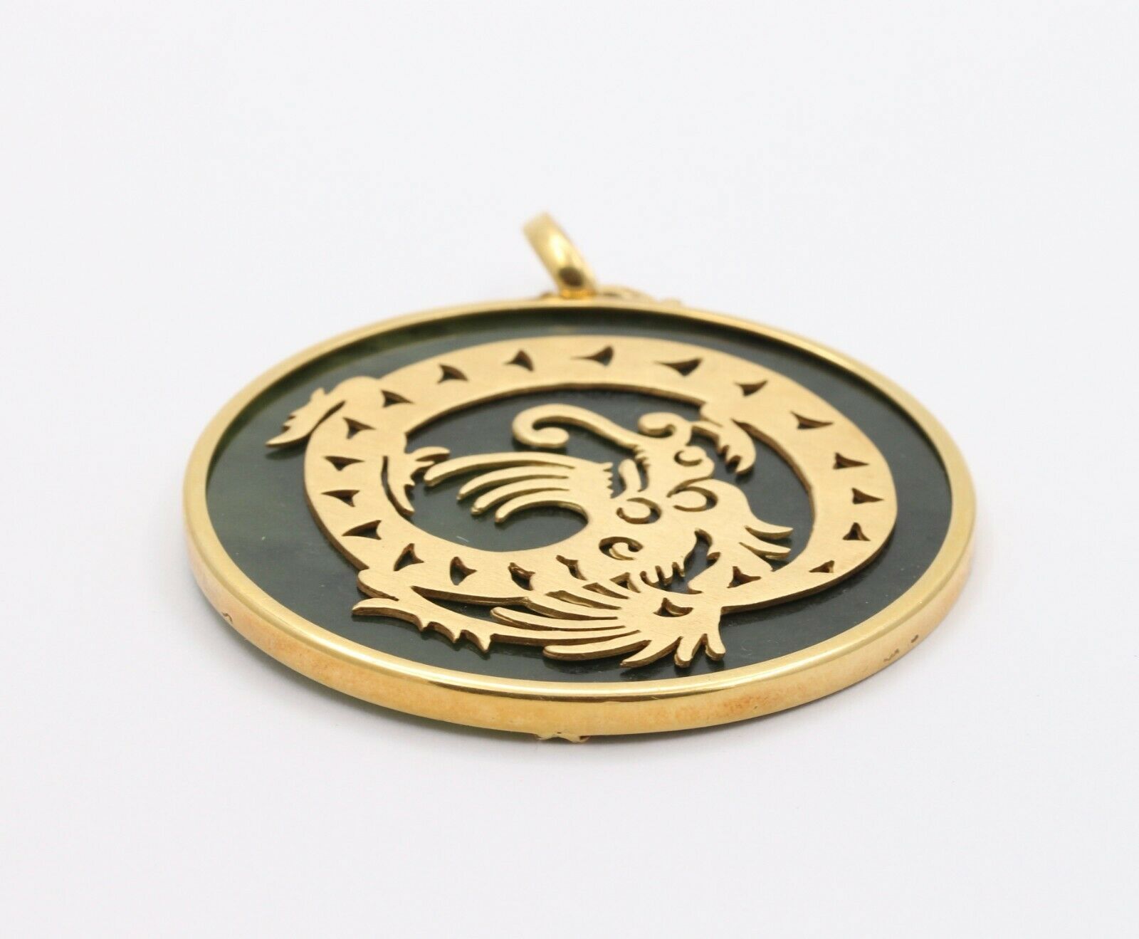 Vintage 18K Yellow Gold Spinning Dragon Jade Large Medallion