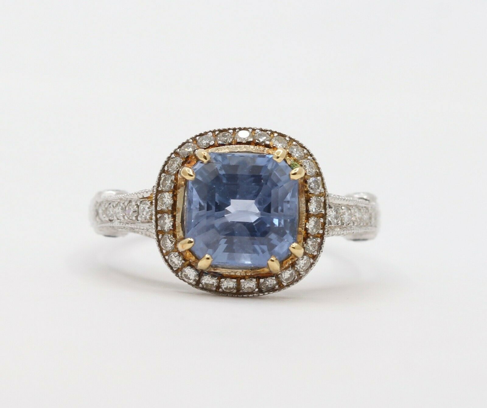 Vintage 18K White Gold Halo Setting Natural Sapphire Diamond Alternative Engagem
