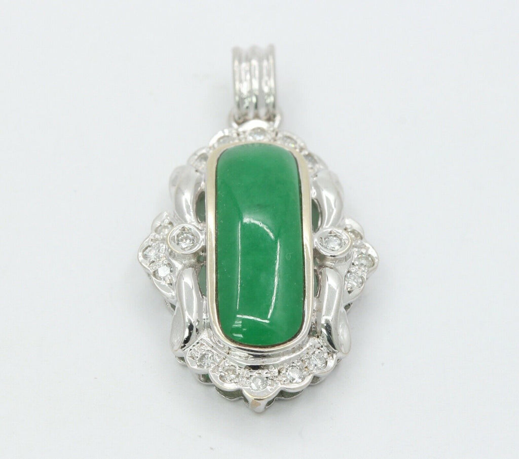 Vintage 14K White Gold Jade Diamonds Pendant