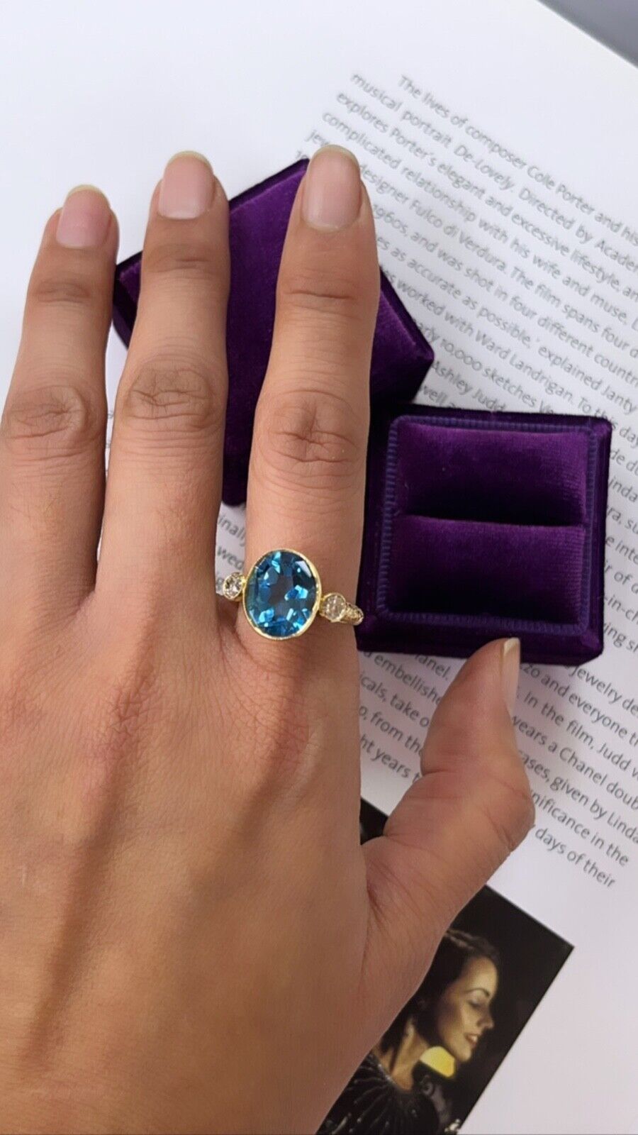 Vintage 14K Yellow Gold London Blue Topaz and Diamond Statement Ring