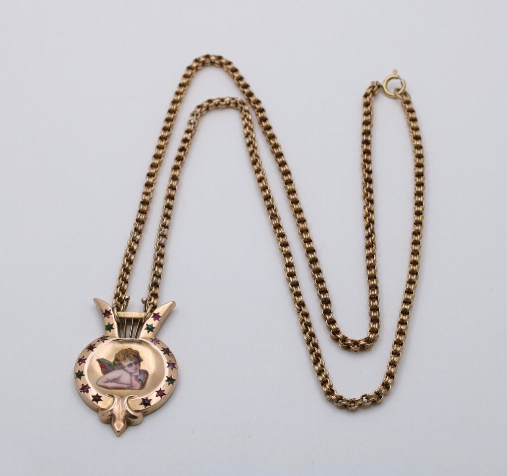Victorian Enamel Cherub Emerald Ruby Garnet Amethyst 14K Pendant and Rolo Chain