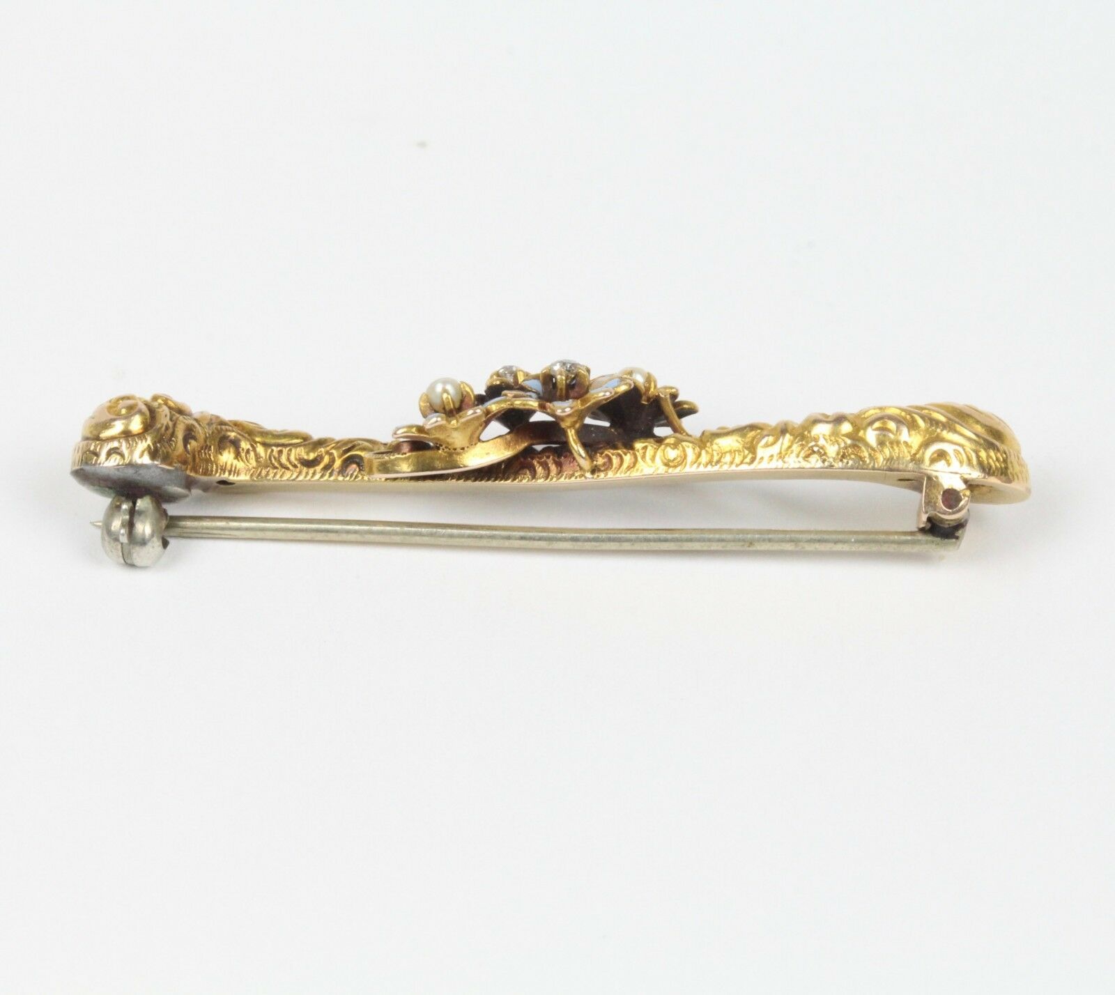 Victorian 14K Yellow Gold Enamel Forget Me Not Floral Brooch