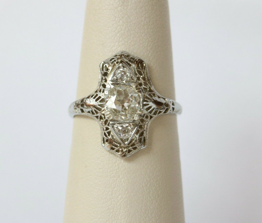 Stunning Art Deco 18K White Gold Filigree Three Diamonds Shield Ring