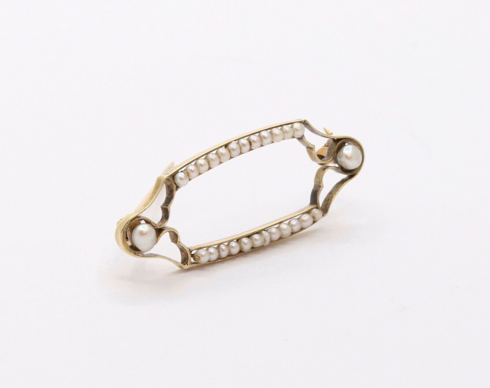 Victorian Edwardian 14K Yellow Gold Seed Pearls Retro Brooch Pin