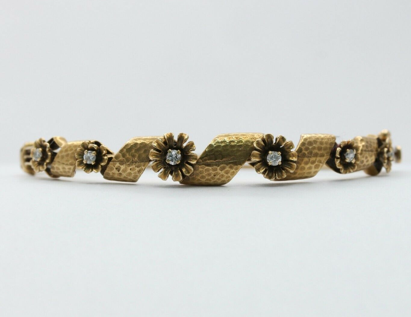 Vintage 14K Yellow Gold Floral Swirl Diamond Bangle