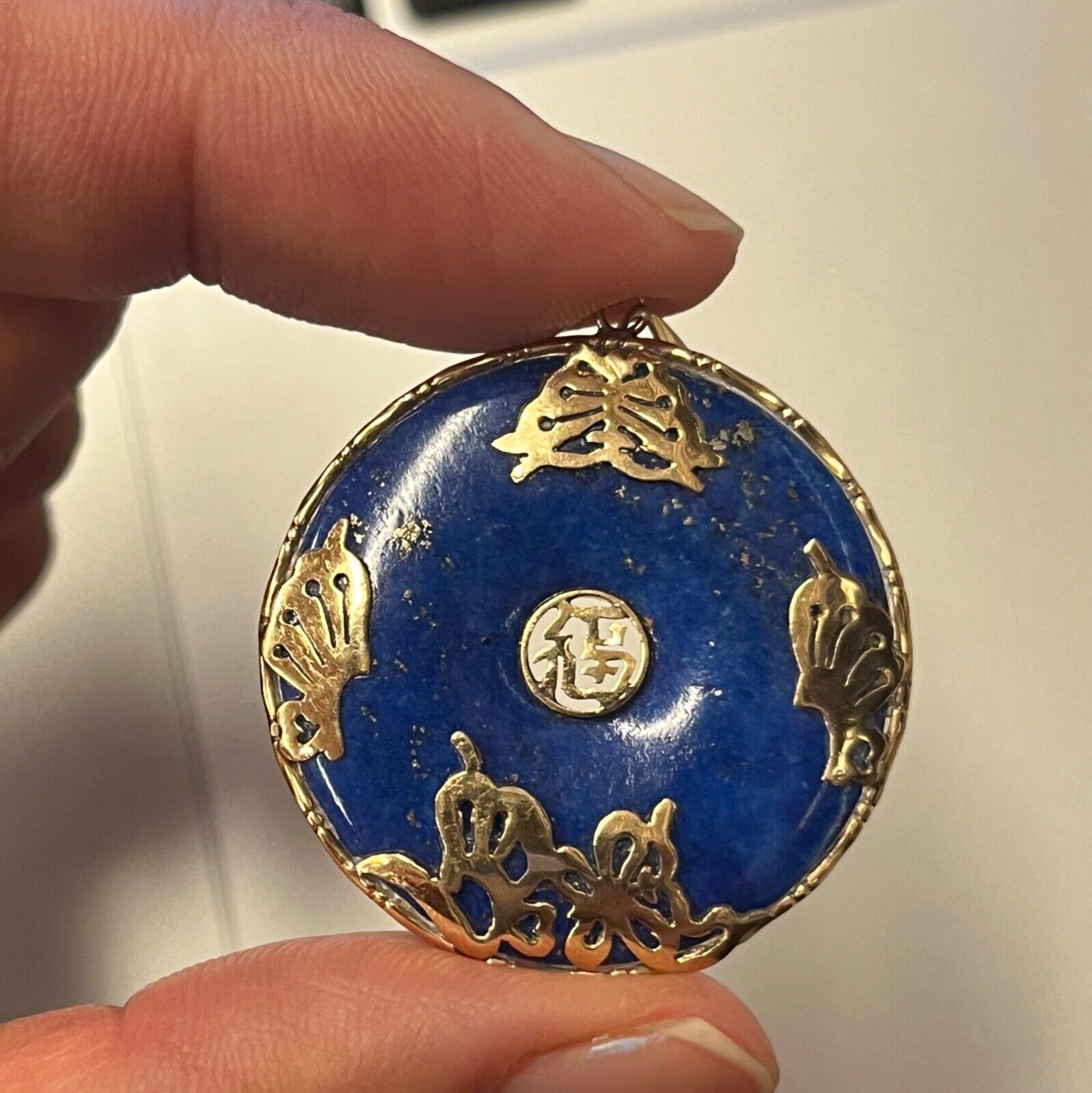 Vintage 14K Yellow Gold Lapis Lazuli Chinese Lucky Fortune Charm Pendant