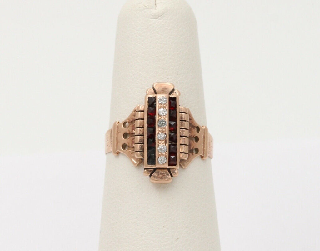 Art Deco Diamonds Garnets 14K Rose Gold Ring