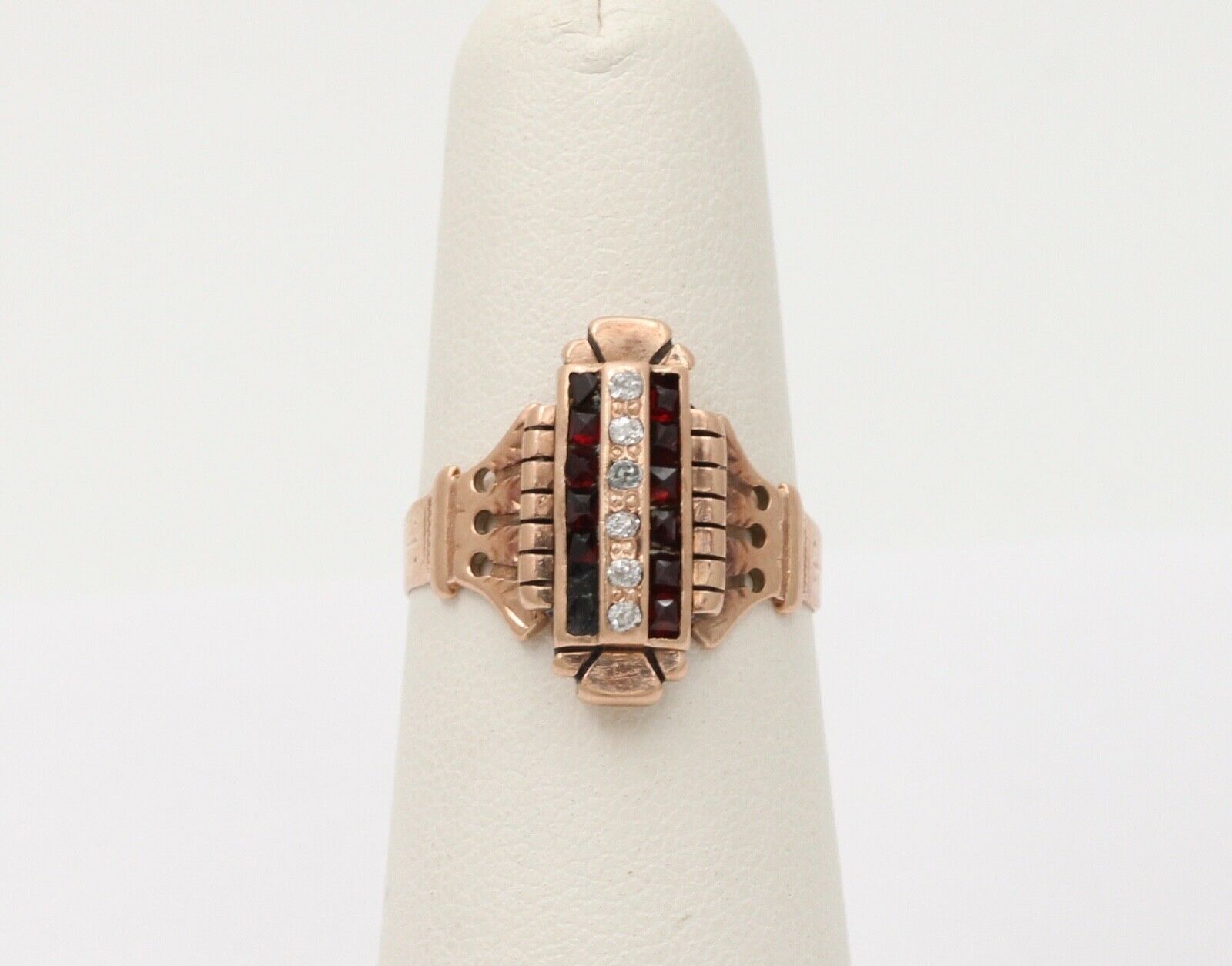 Art Deco Diamonds Garnets 14K Rose Gold Ring