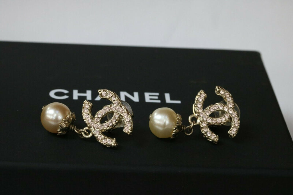 CHANEL Classic CC Logo Crystal Pearl Drop Earrings