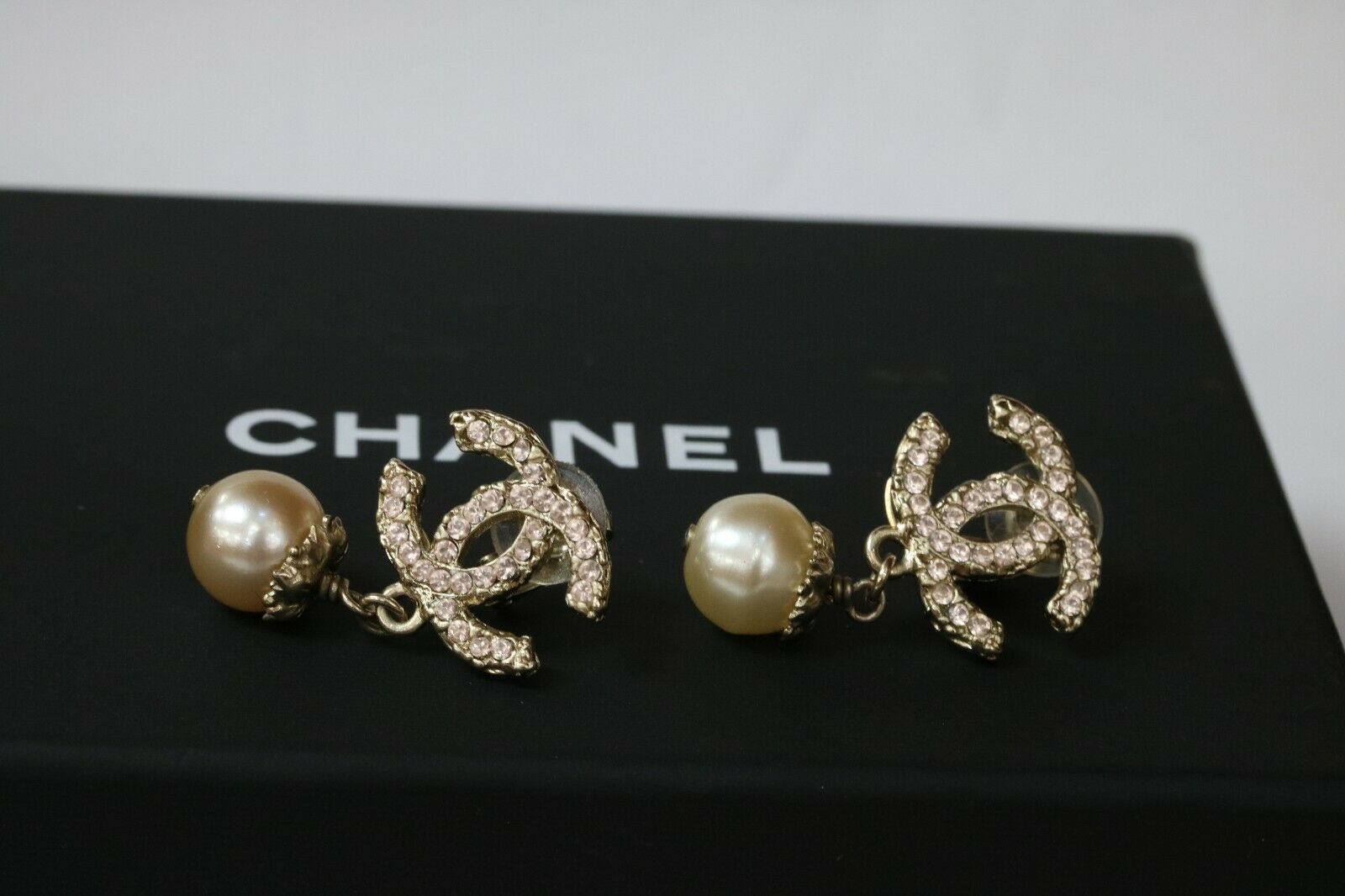 CHANEL Classic CC Logo Crystal Pearl Drop Earrings
