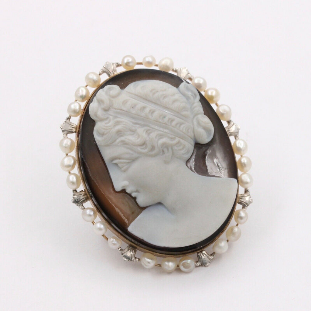 Victorian Agate Cameo Pearls 14K Rose Gold Brooch Pin