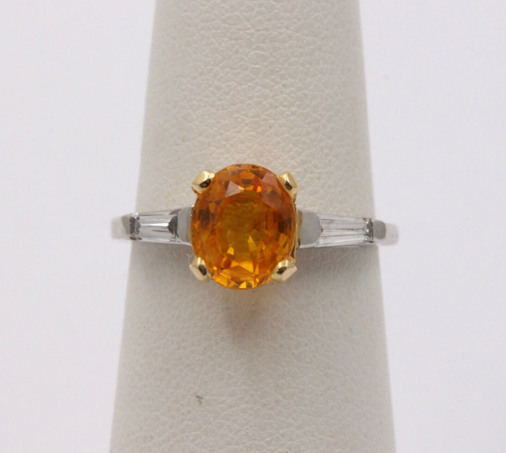 Vintage Oval Yellow Sapphire Baguette Diamonds Platinum Ring
