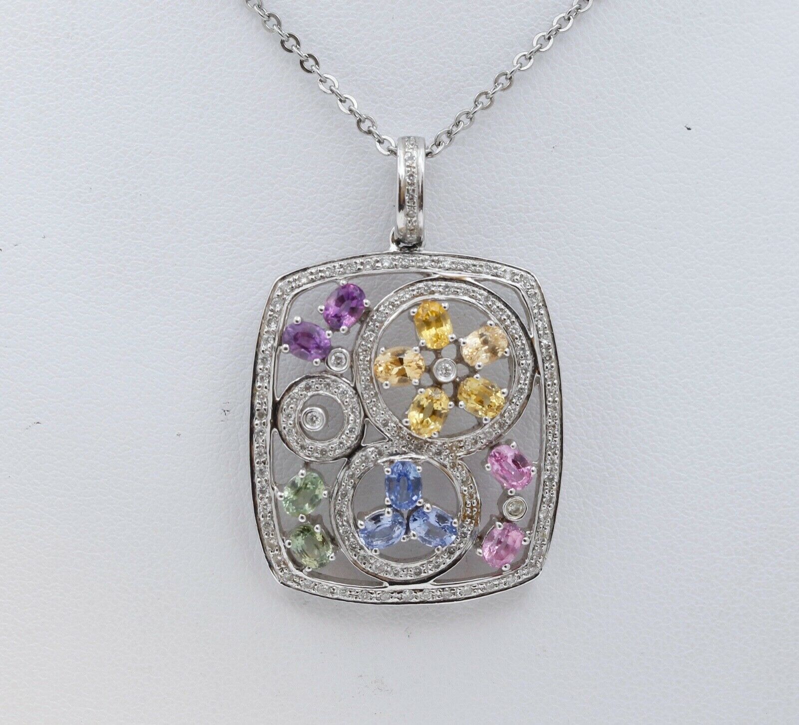 Vintage Multi Color Natural Sapphire 18K White Gold Pendant