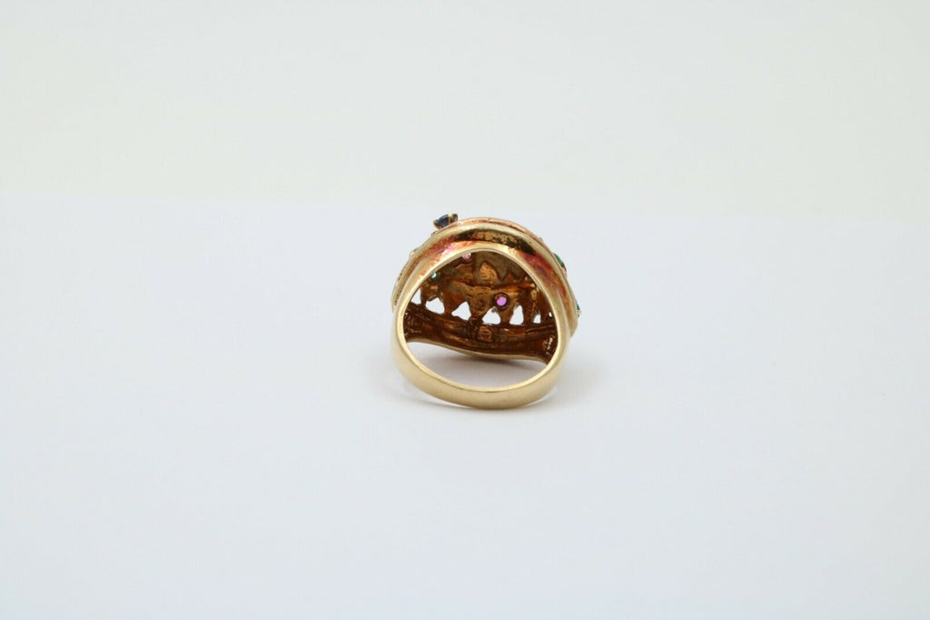 Vintage 14K Yellow Gold Pink Tourmaline, Green Chalcedony and Sapphire Dome Flow