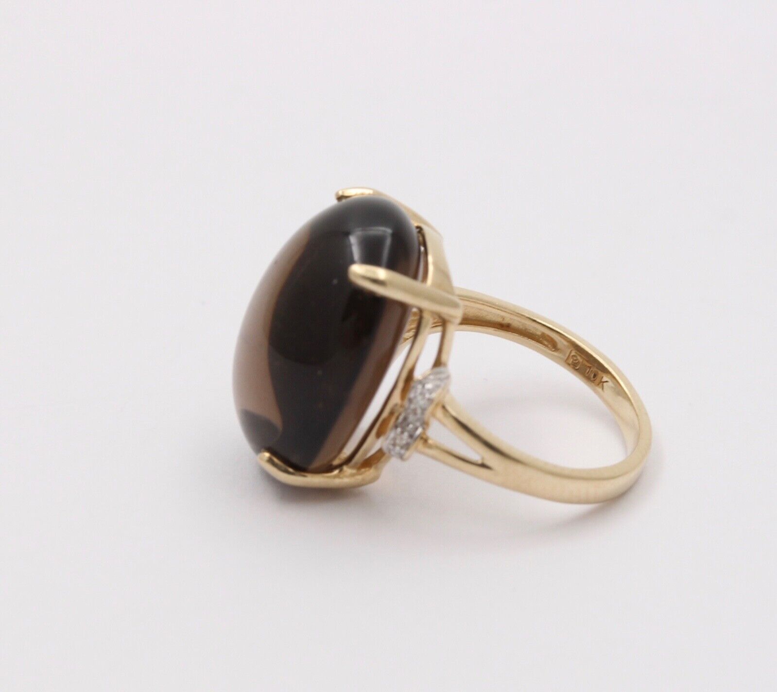 Vintage 10K Yellow Gold Smoky Topaz & Diamond Ring. Cocktail Ring