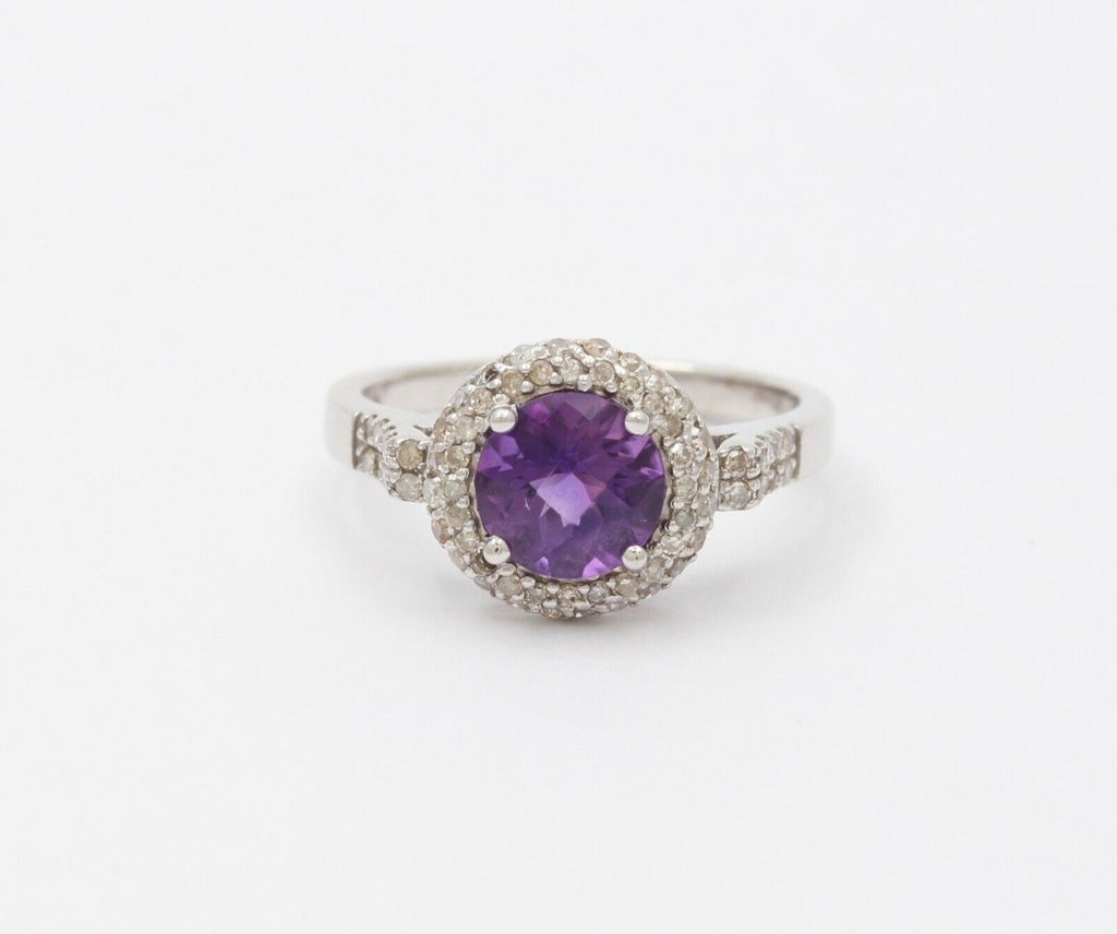 Vintage 14K White Gold Round Amethyst Diamond Halo Ring, Engagement Ring