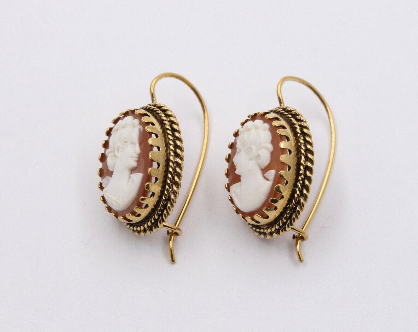 Victorian Revival Agate Cameo 14K Yellow Gold Earrings