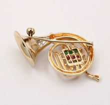 Load image into Gallery viewer, Vintage 14K Gold Diamond, Sapphire, Ruby and Emerald French Horn Pin Brooch
