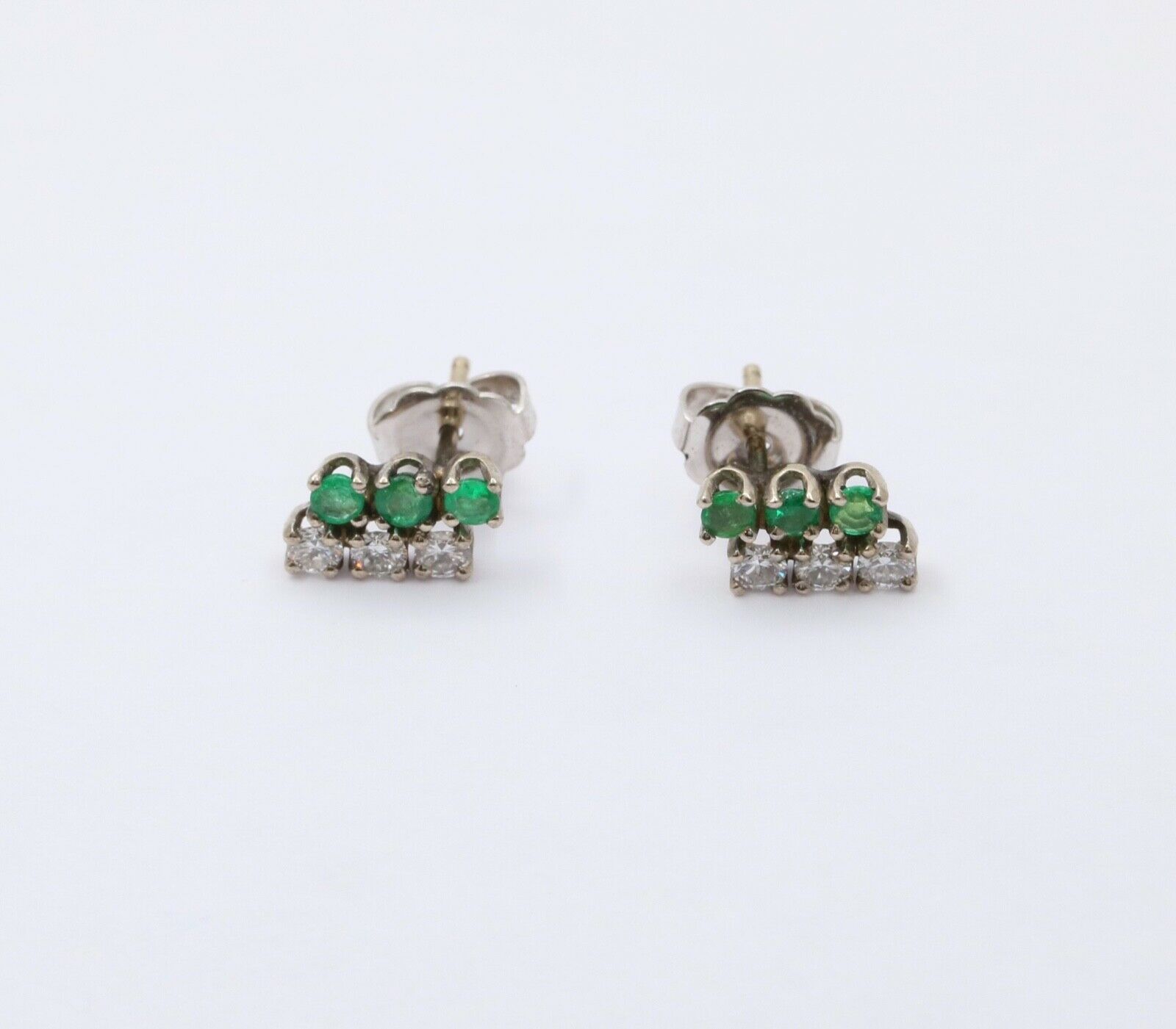 Vintage 14K White Gold Diamond & Emerald Cluster Studs Earrings, Push Back Earri