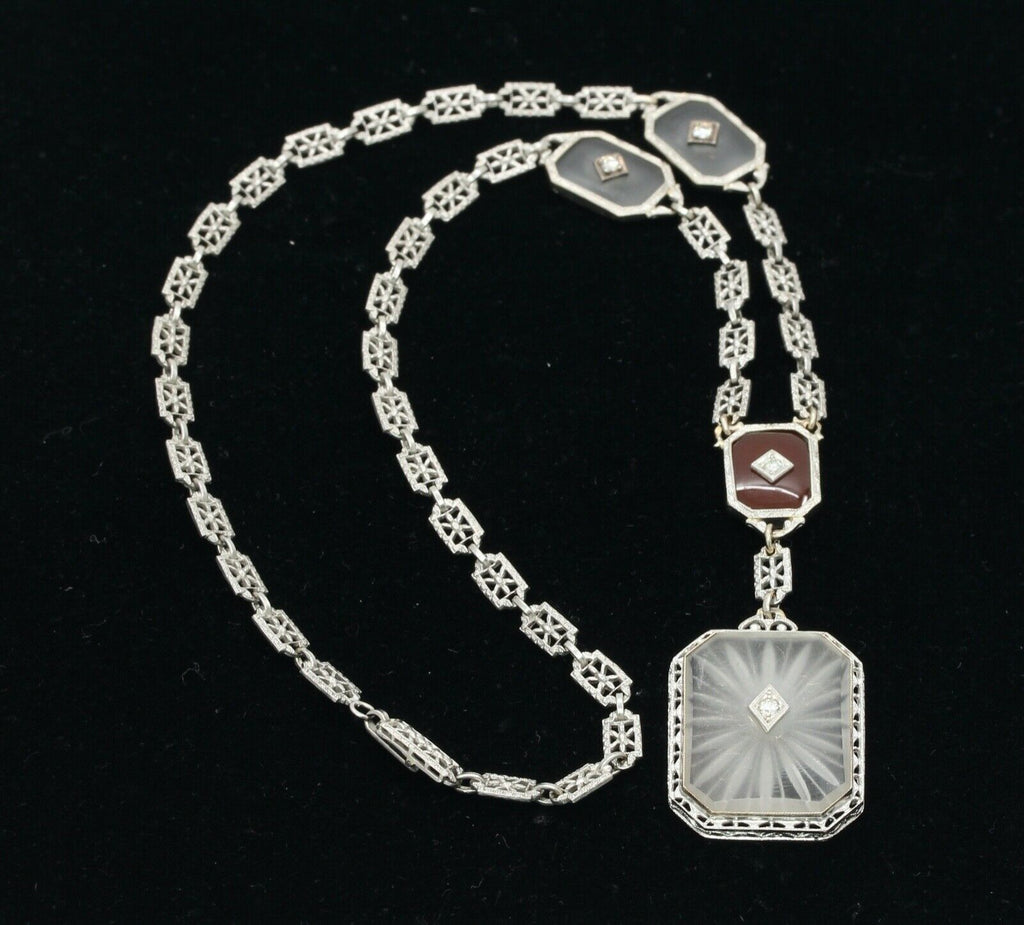 Art Deco Platinum 14K White Gold Crystal Diamonds Necklace Pendant