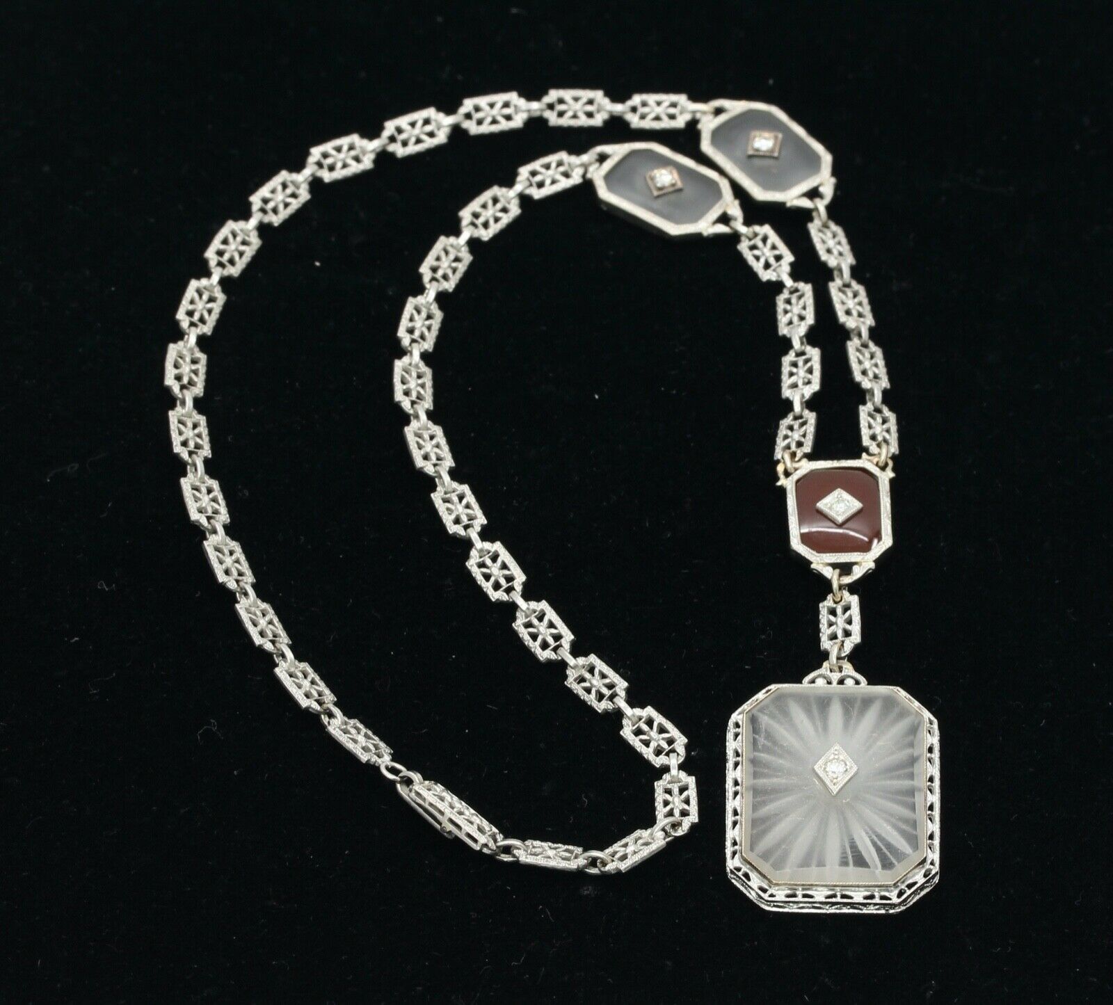 Art Deco Platinum 14K White Gold Crystal Diamonds Necklace Pendant