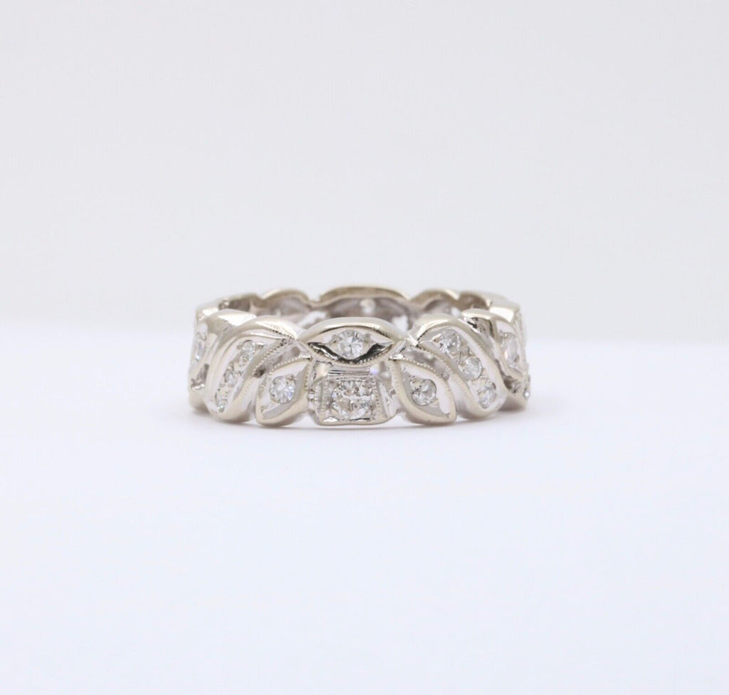 Art Deco 14K White Gold Diamond Ring Band, Wedding Band