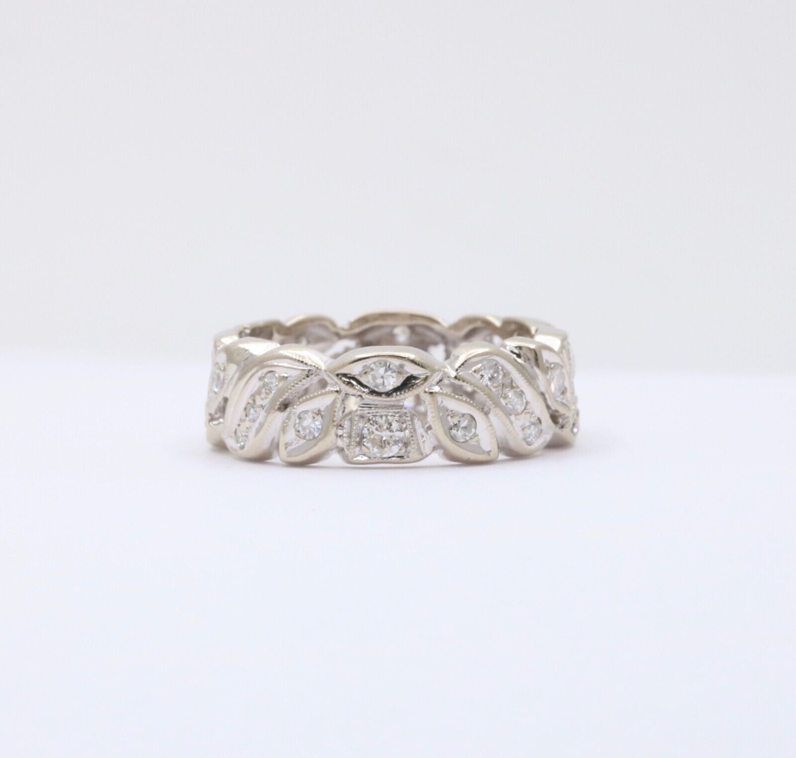 Art Deco 14K White Gold Diamond Ring Band, Wedding Band