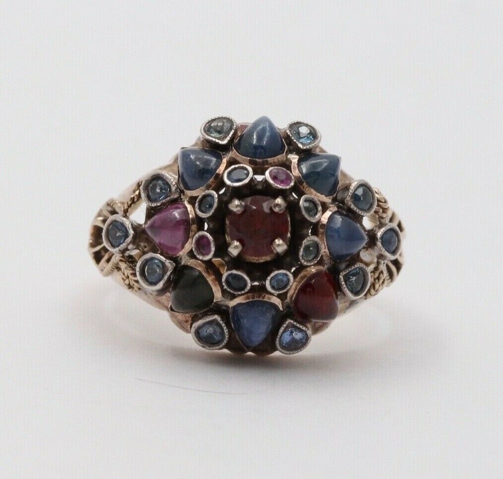 Vintage Multi Color Natural Sapphire, Blue Topaz, Pink Tourmaline and Garnet 14K