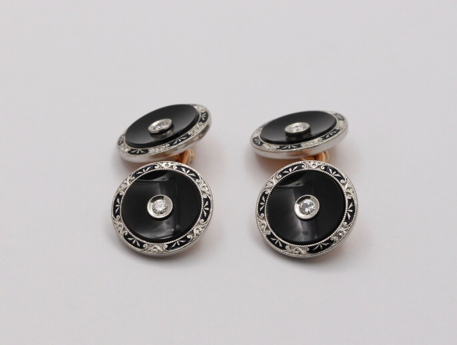Vintage Krementz Platinum & 14K Yellow Gold Onyx Diamond Enamel Cufflinks, Man's